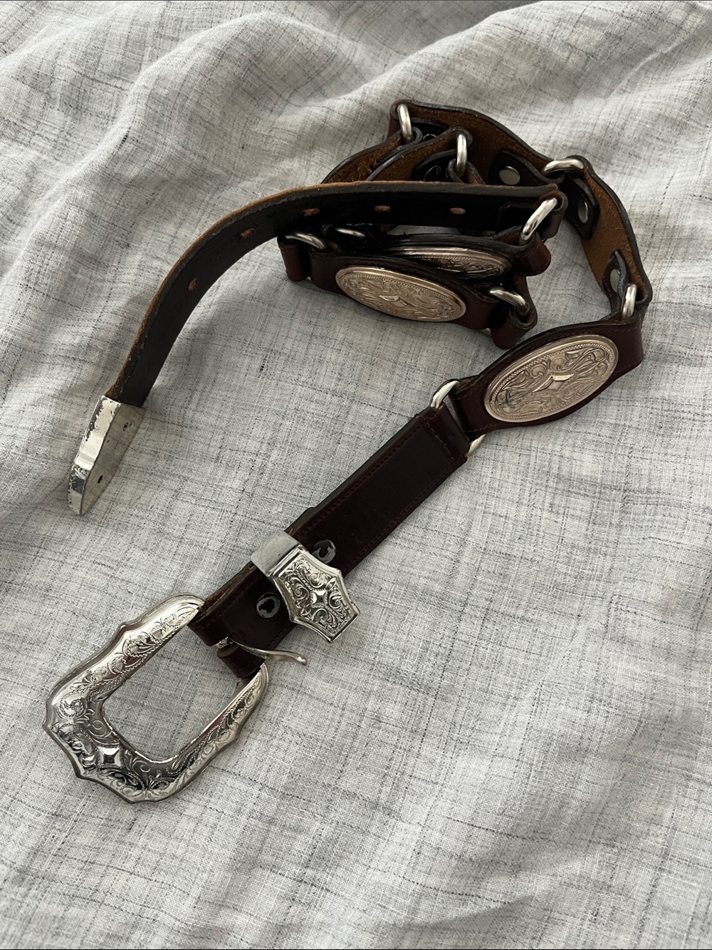 Vintage Lucchese 2000 brown leather with silver toned hardware western belt